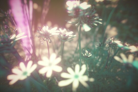 Flowers lo-fi retro 80s and 90s background. Psychic Waves, nostalgia, vintage. Vaporwave, synthwave, chillwave. Wallpaper, template. Blurry pastel colors. Generative AI.