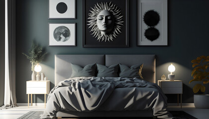 Grey big bed with dark green cushions and blanket in modern bedroom interior. Gallery on the wall. Template. Generative AI