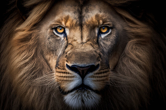 A close-up shot of a lion's fierce face, with its golden eyes and powerful mane, conveying strength and majesty, lion, animal, cat, mane, wild, wildlife, king, zoo, mammal, feline, portrait, predator,