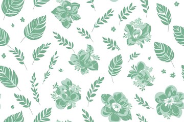 Gardenias with green leaves background. Seamless flat painting. Beautiful tribal generative ai art background