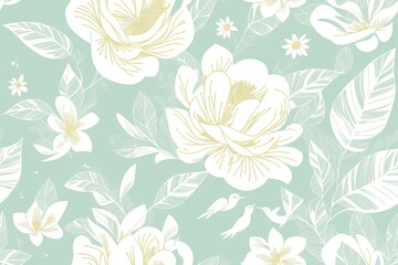 Gardenias with green leaves background. Seamless flat painting. Beautiful tribal generative ai art background