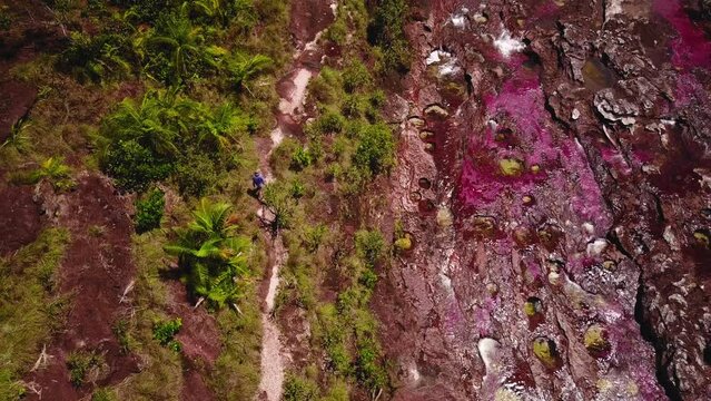 Aerial shot of a person walking near moving water over colorful river in the interior of the Colombian jungle of the Serrania de la Macarena