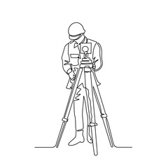 One continuous line drawing of a surveyor in the construction project. Surveyor design with simple linear style. Construction project design concept Vector illustration