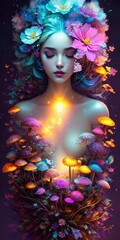 Fototapeta na wymiar Mushrooms and flowers with girl, fabulous. Generative AI.