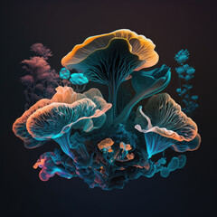 Mushrooms and flowers in symbiosis on a dark background, fabulous