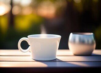 Fototapeta premium Coffee mug on a picnic table, isolated in a blurred nature background, generative Ai