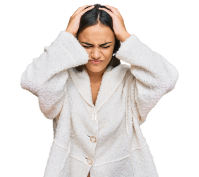 Young brunette woman wearing casual clothes suffering from headache desperate and stressed because pain and migraine. hands on head. - Powered by Adobe