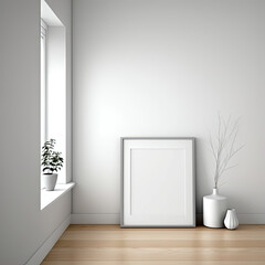Minimalist white picture frame mockup on dark gray wall