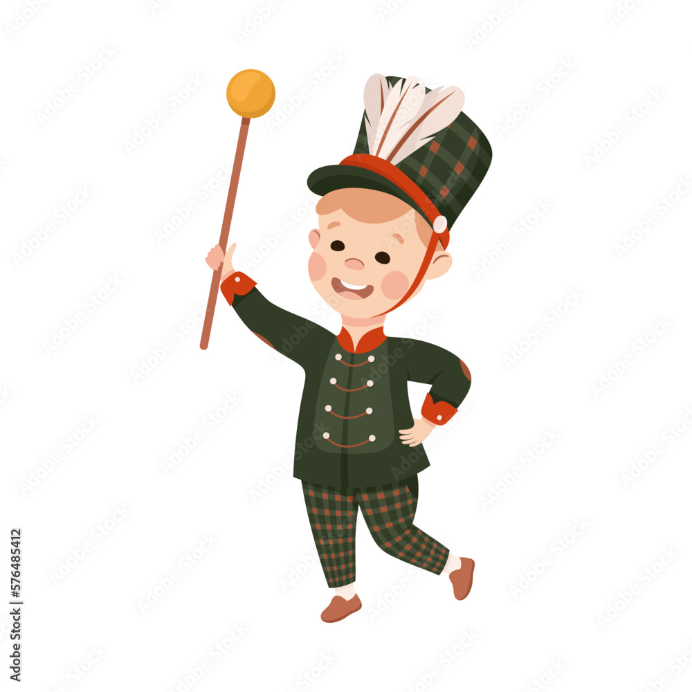 Sticker Cute boy drum major. Happy kid in black traditional costume marching band parade with rod cartoon vector illustration