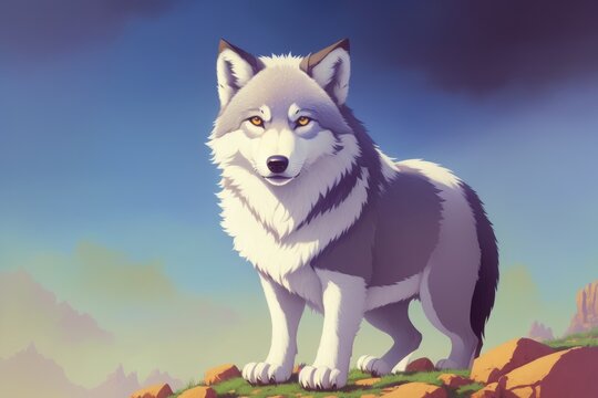 Mystery wolf on mountain top. Colorful magic wolf, cartoon style painting. Generative ai art illustration