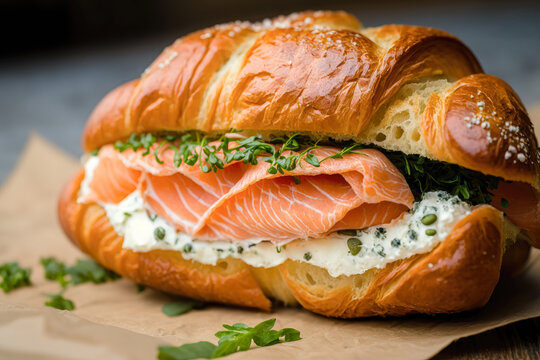 A close up of a croissant sandwich filled with smoked salmon, cream cheese, and fresh herbs - Generative AI