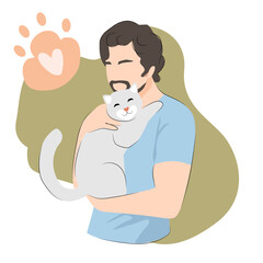 Vector illustration for National Pet Month, cat day. Man with cat.