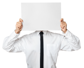 Businessman holding blank paper sheet in front of face