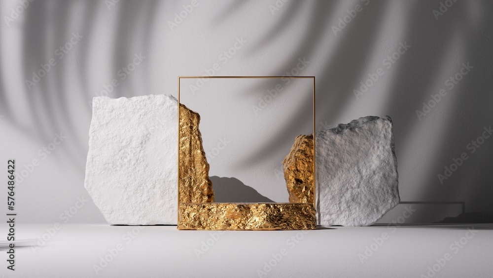 Poster 3d render, abstract minimalist white background with golden square frame, cobblestones, rocks and pa