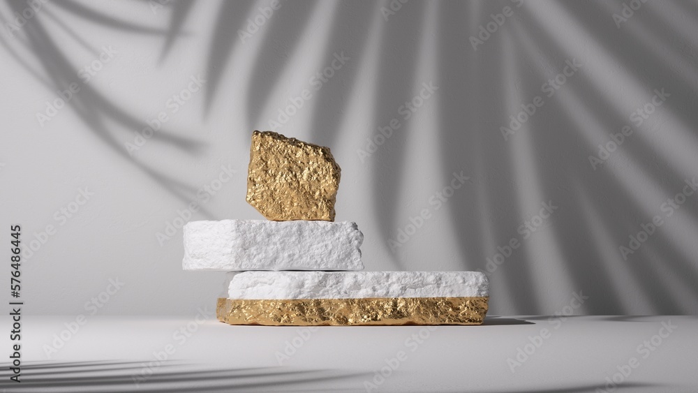 Poster 3d render, abstract modern minimal white background with golden cobblestones, rocks and palm leaf sh