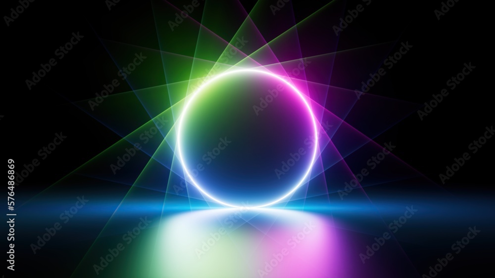 Poster 3d render, abstract background with glowing neon circle, colorful rays and floor reflection. minimal