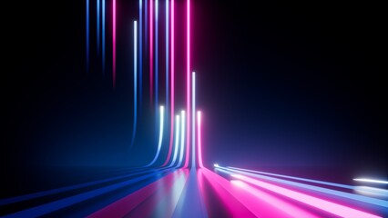 3d render, abstract background with vertical pink blue neon lines glowing in the dark. Digital ultraviolet wallpaper © NeoLeo