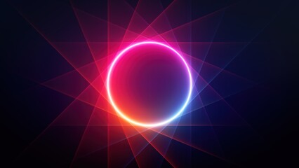 3d render, abstract background with red blue neon circle and glowing rays. Minimalist geometric wallpaper