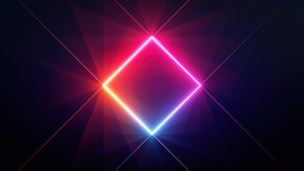 3d render, abstract background with red blue neon rhombus frame and glowing rays. Minimalist geometric wallpaper
