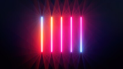 3d render, abstract neon background with vertical lines glowing in the dark. Minimalist geometric wallpaper