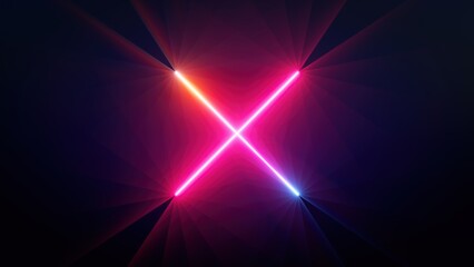 3d render, abstract neon background with crossing lines glowing in the dark. Cross sign. Minimalist geometric wallpaper