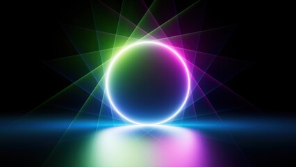 3d render, abstract background with glowing neon circle, colorful rays and floor reflection. Minimalist geometric wallpaper