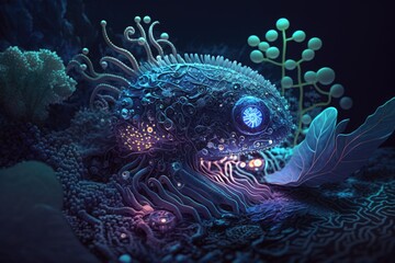 Fototapeta na wymiar Strange imaginary animal underwater, with shell and tentacles, bioluminescence effect, on underwater background, AI generative.