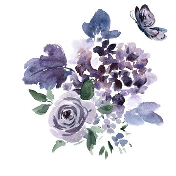 A dreamy watercolor bouquet in a mix of soft purples, blues and greens