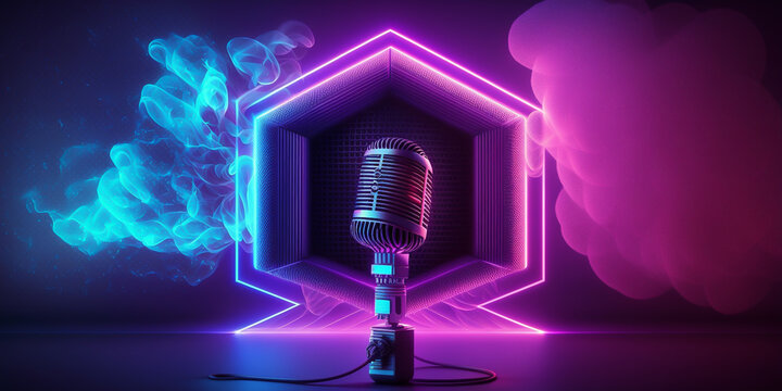 Abstract blue pink neon banner with retro microphone. 
3d background  or wallpaper design for header, website or streamer on twitch or youtube.