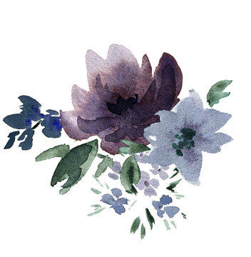 A sophisticated and luxurious watercolor bouquet in shades of deep purple