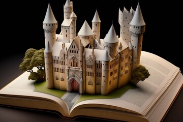Medieval castle illustration sticking out of the book, white background. Generative AI