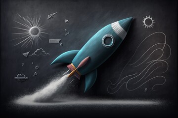 Naklejka na ściany i meble Rocket illustration on blackboard, startup concept. Generative AI