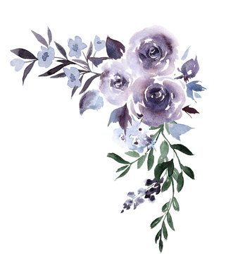 A beautiful corner watercolor bouquet in a mix of pale and deep purples, blues and greens