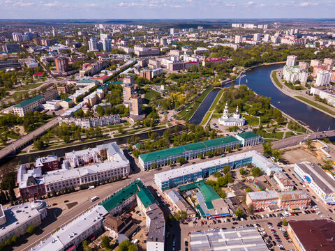 Aerial view of city of Oryol with bulidings and river, Russia region