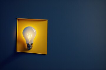 Illustration of yellow light bulb on dark blue background, ideas and creativity concept. Generative AI