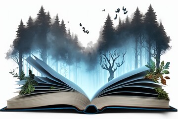  Illustration of open book with mystical forest with blue fog, white background. Generative AI