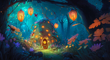 Obraz na płótnie Canvas whimsical, enchanted garden with towering flowers, glowing insects, and a peaceful atmosphere, illustration - Generative AI