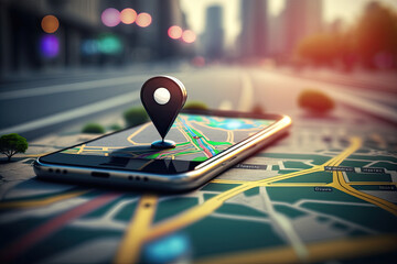 Point on smartphone with gps navigator icon and map on blur traffic road. Generative AI