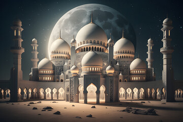 Large mosque building with a moon in the background. Generative AI