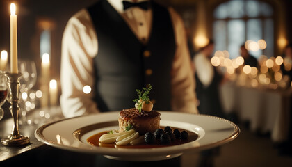 Luxury food service, main course served by a waiter at a wedding celebration or formal event in classic English style at luxurious hotel or country estate. Generative AI.