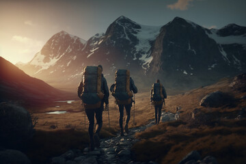 Obraz premium a group of hiker's backpack through the vast mountains at sunset, Generative AI