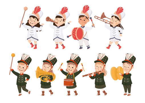 Set Of Boys And Girls In Traditional Costumes Playing Different Musical Instruments In Marching Band Parade Cartoon Vector Illustration