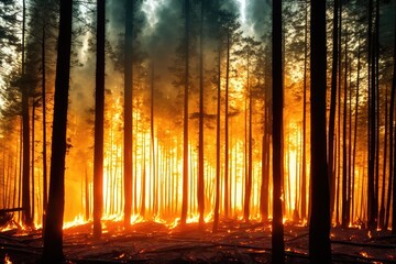 Obraz premium Intense flames from a massive forest fire, generative ai. Flames light up the evening as they rage thru pine forests and sage brush