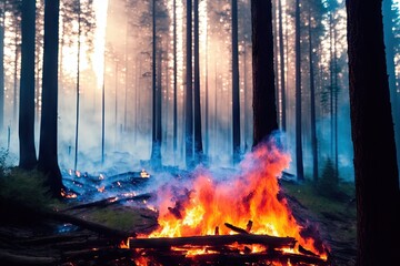 Intense flames from a massive forest fire, generative ai. Flames light up the evening as they rage thru pine forests and sage brush