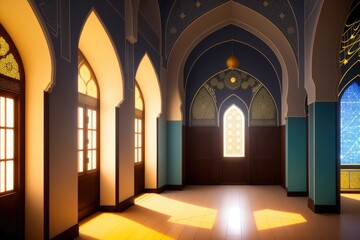 Obraz premium Islamic background painting. Mosque and shadows. Light rays from mosque window or door. Prayer's vision, generative ai. Muslim art.