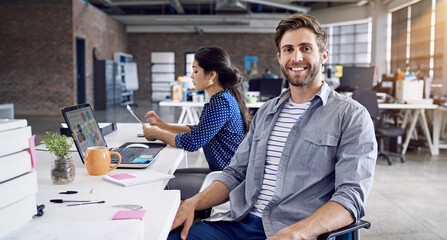 Teamwork, smile and portrait of man at desk with laptop and woman at creative agency working on project together. Leadership, collaboration and happy employees or business people at design startup. - obrazy, fototapety, plakaty