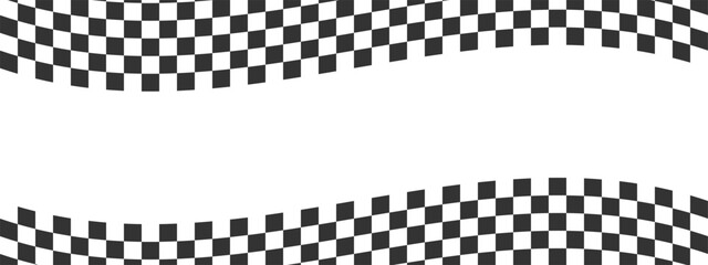 Waving race flags background. Chess game, motocross or rally sport car competition banner with space for text. Warped black and white squares pattern. Checkered winding texture - obrazy, fototapety, plakaty