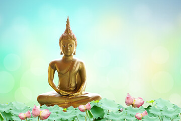 Makha Asanaha Visakha Bucha Day Golden Buddha image. Background of Bodhi leaves with shining light....