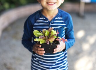 Elementary aged boy holding vegetable plant 