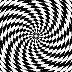 Black and white vortex pinwheel visual effect. Twisty pattern with dynamic kaleidoscope texture. Spiral optical illusion. Vector graphic illustration